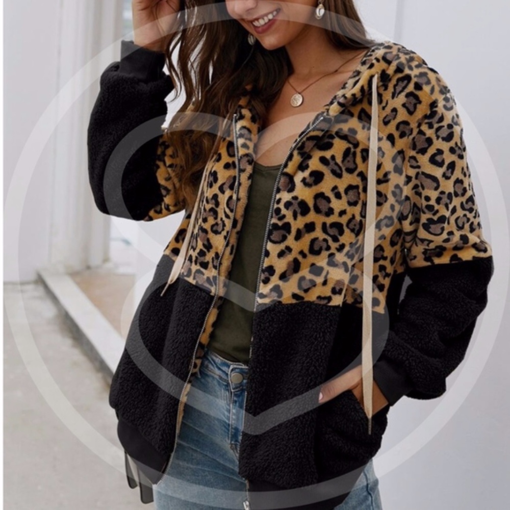 PAULA leopard Print Sherpa Hoodie - Picture 1 of 3